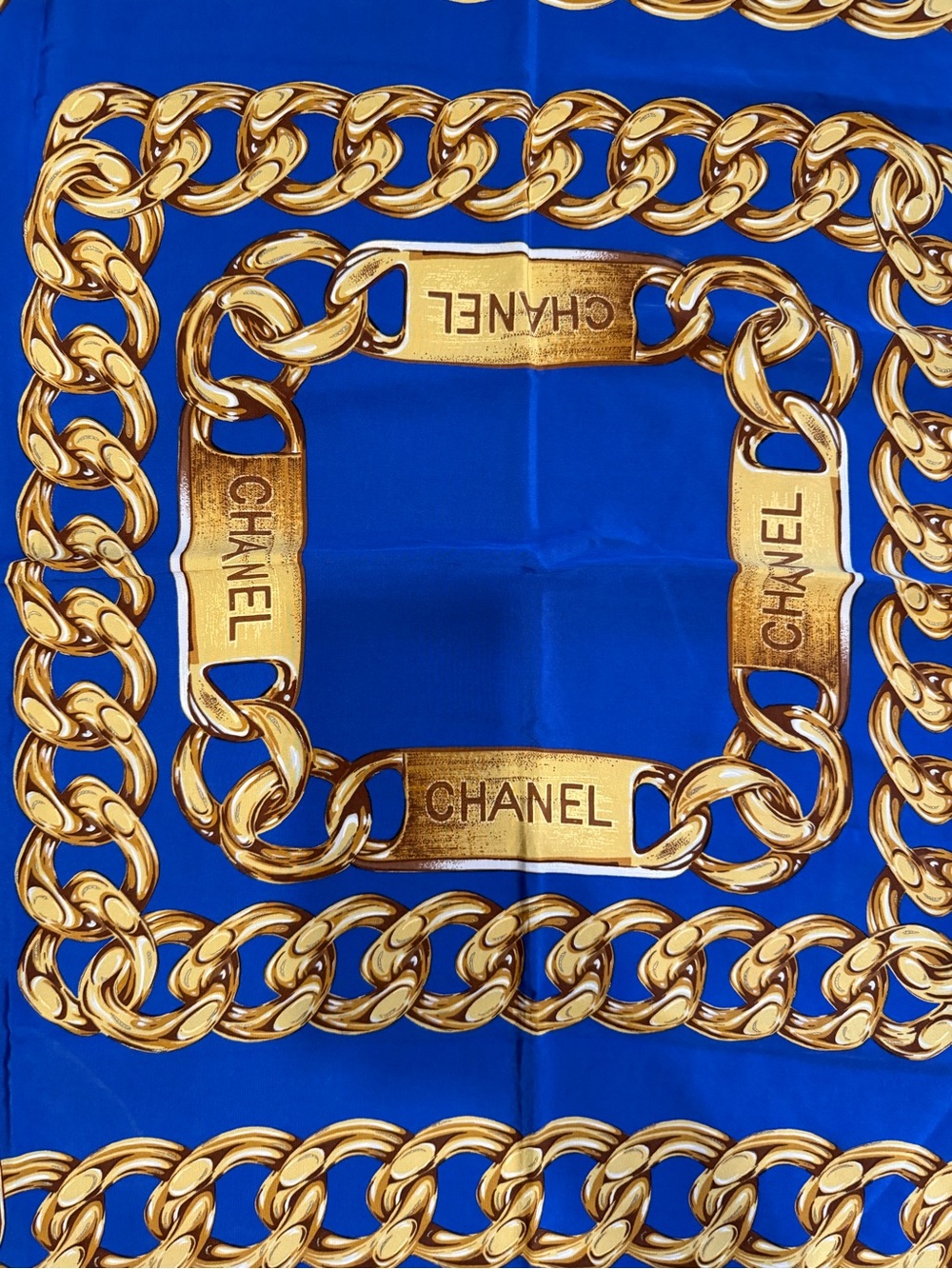 CHANEL Royal Blue Silk Scarf with Gold Chain Print - Picture 5 of 7